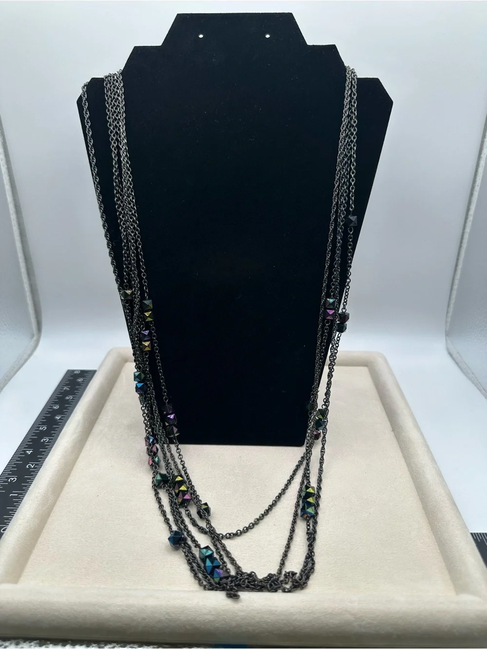 Black Multilayer Iridescent Geometric Bead Statement Necklace